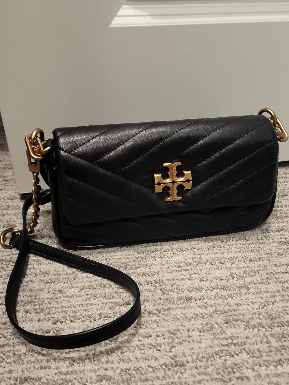 Tory Burch Black Quilted Leather Crossbody with Gold Logo